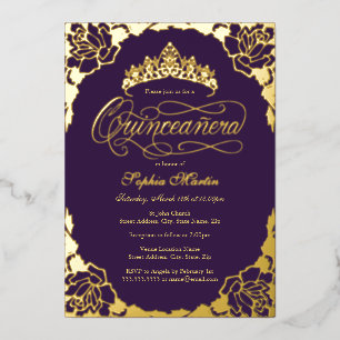 Invitation En Aluminium Gold Purple Élégant Script Quinceanera Anniversair