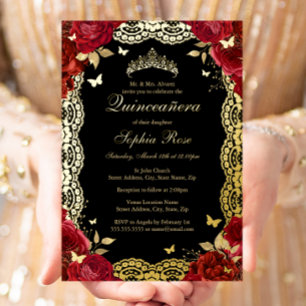 Invitation En Aluminium Gold Red Black Rose dentelle Quinceanera Anniversa