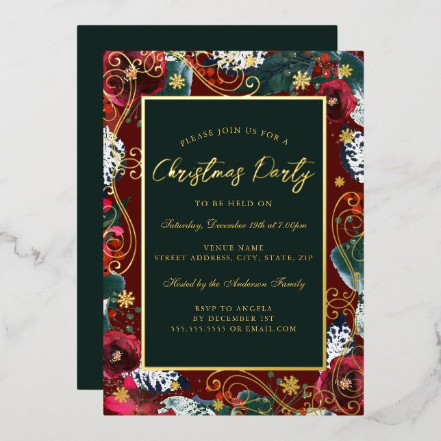 Invitation En Aluminium Gold Red Green Flower Frame de Noël (Recto/Verso)