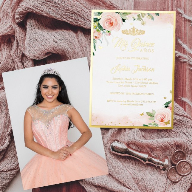 Invitation En Aluminium Gold rose Floral photo Quinceanera Anniversaire (Créateur téléchargé)