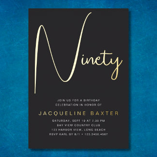 Invitation En Aluminium Gold Script 90e fête d'anniversaire