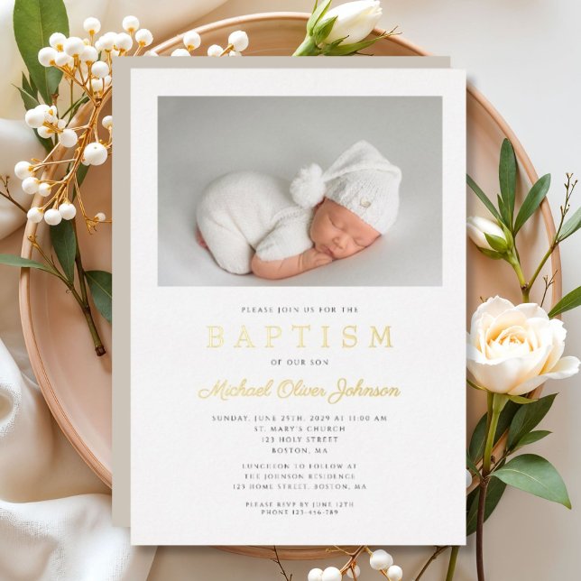 Invitation En Aluminium Gold Script Modern Taupe Photo Boy Baptême (Gold Script Modern Taupe Photo Boy Baptism Foil Invitation)