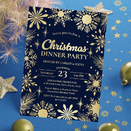 Invitation En Aluminium Gold Snowflakes Noël Dinner Party Navy