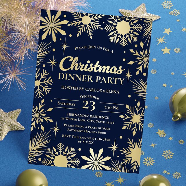 Invitation En Aluminium Gold Snowflakes Noël Dinner Party Navy (Gold Snowflakes Christmas Dinner Party Navy Foil Invitation)