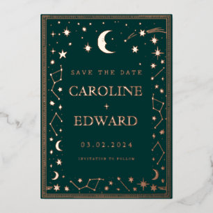 Invitation En Aluminium Gold Stars Lune Céleste Enregistrer la date