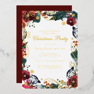 Invitation En Aluminium Gold Swirl Floral Red Green Noël Party