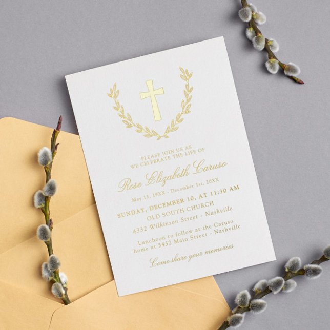 Invitation En Aluminium Golden Laurel Wreath Cross Célébration de la vie (Créateur téléchargé)