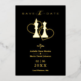 Invitation En Aluminium Golden Wedding Chess Pieces King & Queen Black