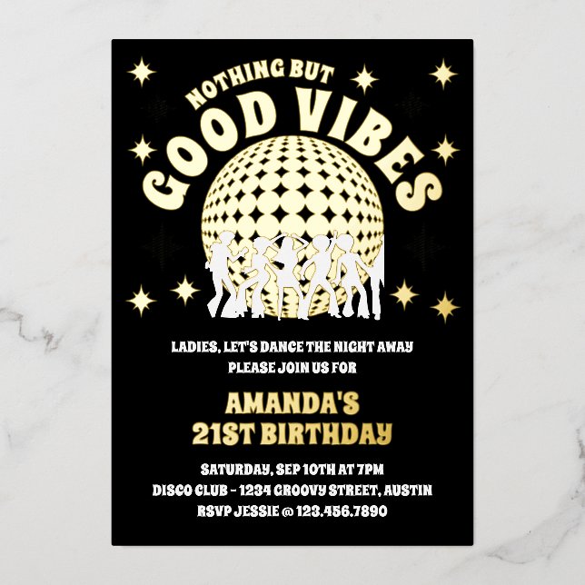 Invitation En Aluminium Good Vibes Super Black Gold fête d'anniversaire (Recto)