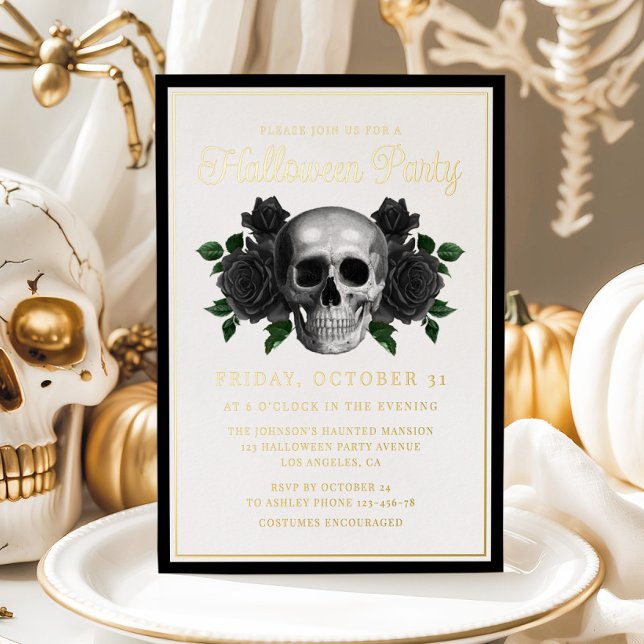 Invitation En Aluminium Gothique Floral Crâne Halloween Or (Gothic Floral Skull Halloween Gold Foil Invitation)