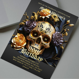 Invitation En Aluminium Gothique Noir Crâne d'or Adulte Halloween Party