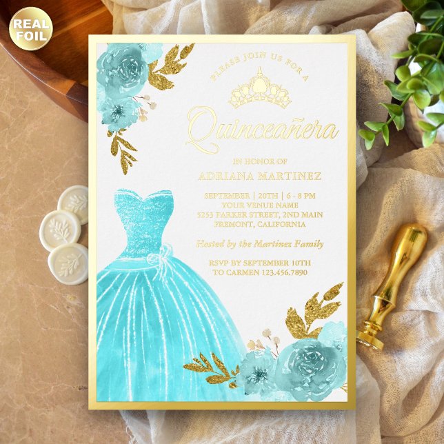 Invitation En Aluminium Gown étincelante Aqua bleu Floral Quinceanera Or (Créateur téléchargé)