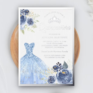 Invitation En Aluminium Gown pétillant Pastel Blue Roses Quinceanera