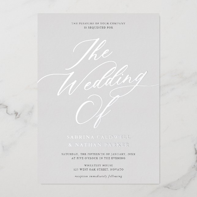 Invitation En Aluminium Gracity Modern Script Mariage Gris Argent (Recto)