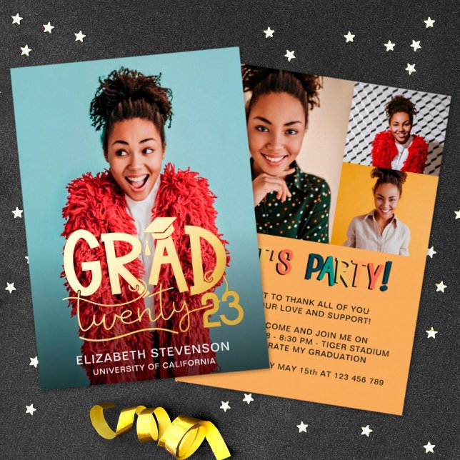 Invitation En Aluminium Grad 2023 audacieuse fête de graduation 4 photo or (Créateur téléchargé)