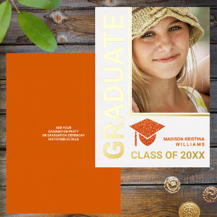Invitation En Aluminium Grad Glam Orange Casquette Stylish Graduate Photo
