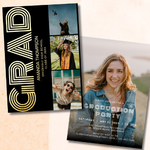 Invitation En Aluminium Grad Photo Collage Black Gold Graduation