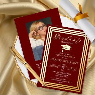 Invitation En Aluminium Graduate Photo Geometry Maroon Graduation Party