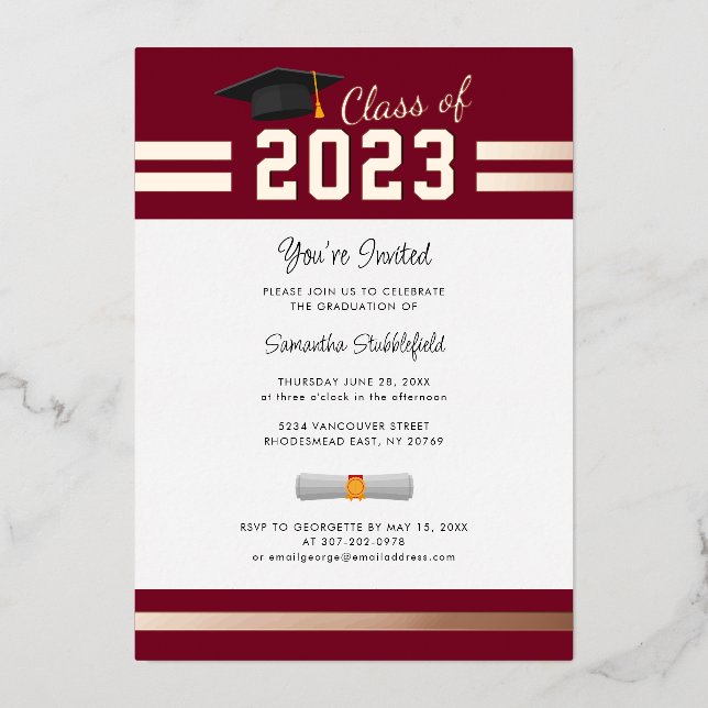 Invitation En Aluminium Graduation 2023 Bourgogne Grad Party Rose Gold (Recto)