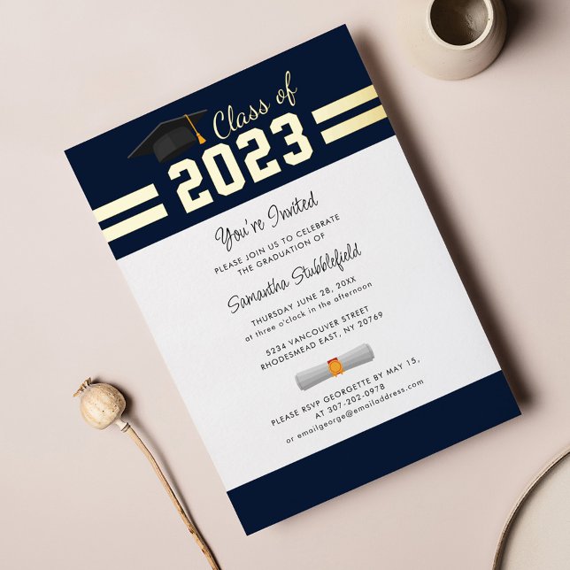 Invitation En Aluminium Graduation 2025 Marine Blue College Grad Party Gol (Créateur téléchargé)
