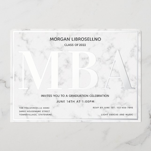 Invitation En Aluminium Graduation MBA Marble Silver (Recto)