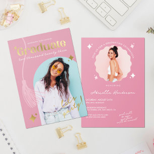 Invitation En Aluminium Graduation moderne et rétro rose étincelle