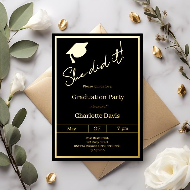 Invitation En Aluminium Graduation party black gold luxury She did it (Créateur téléchargé)