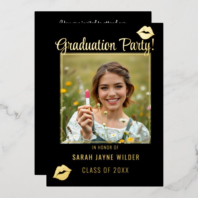 Invitation En Aluminium Graduation Party Noir et Rose Lipstick Baisers (Recto/Verso)