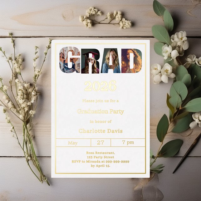 Invitation En Aluminium Graduation party white gold grad photo luxury (Créateur téléchargé)