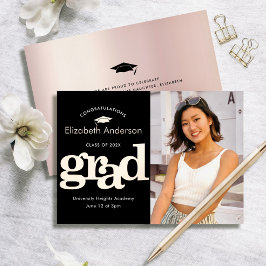 Invitation En Aluminium Graduation photo bold type noir réel rose or