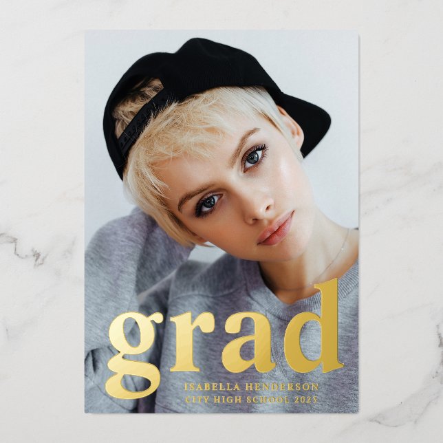 Invitation En Aluminium Graduation photo moderne Black Gold Foil (Recto)