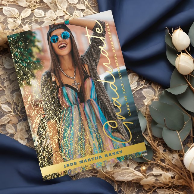 Invitation En Aluminium Graduation Real Golden Chic Fancy Romantic Photo  (Graduation Real Golden Chic Fancy Romantic Photo Metallic Foil Invitation with Envelope. )