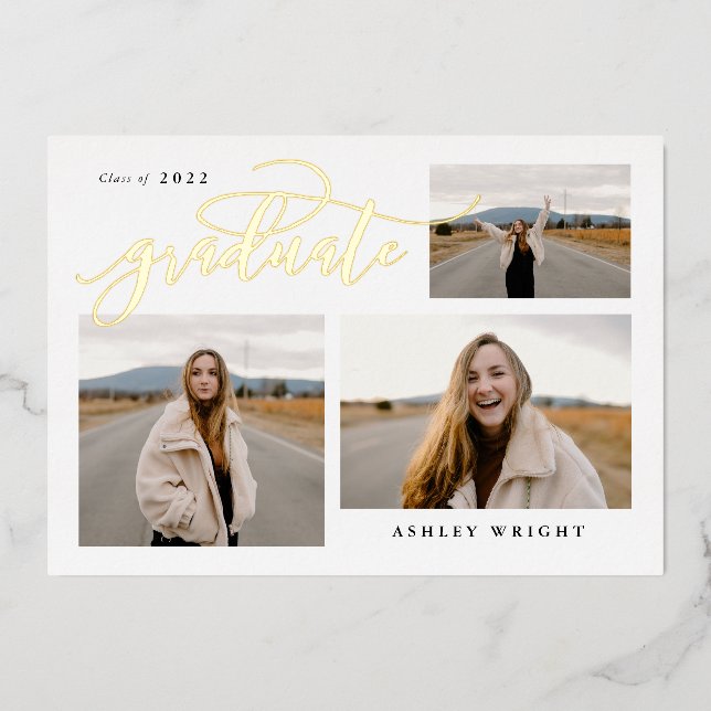 Invitation En Aluminium Graduation Script Simple 3 Photo Collage Party (Recto)