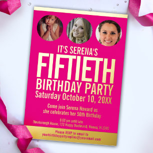 Invitation En Aluminium Graphisme 50e anniversaire cercles photo rose or d