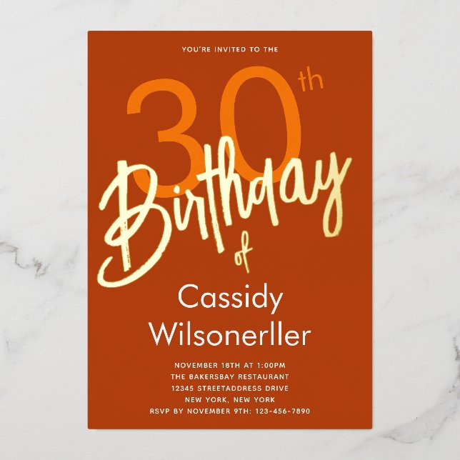 Invitation En Aluminium Gras Burnt Orange 30e Anniversaire Or (Recto)