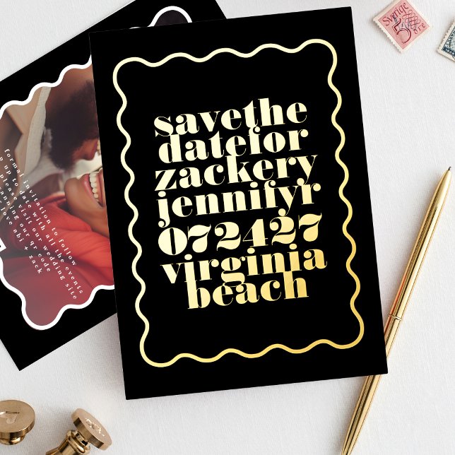 Invitation En Aluminium Gras Wavy Frame Black Gold QR Code Photo (Créateur téléchargé)