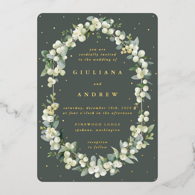 Invitation En Aluminium Gray Green Snowberry+Eucalyptus Mariage d'hiver (Recto)