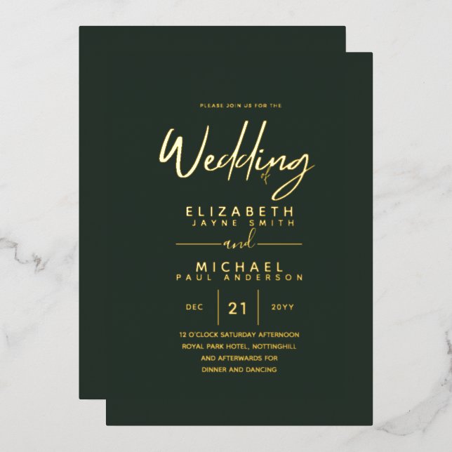 Invitation En Aluminium Green Gold Foil Script élégant Mariage moderne (Recto/Verso)