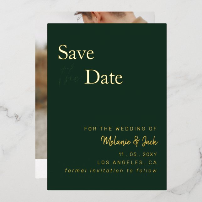 Invitation En Aluminium Green Simple Calligraphy Photo Enregistrer La Date (Recto/Verso)