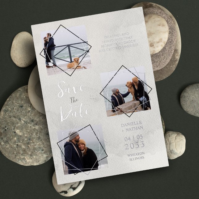 Invitation En Aluminium  Grey 3 Multi Photos Collage Pet Dog Wedding idea (Grey 3 Multi Photos Collage Pet Dog Wedding idea Foil Invitation Card.)