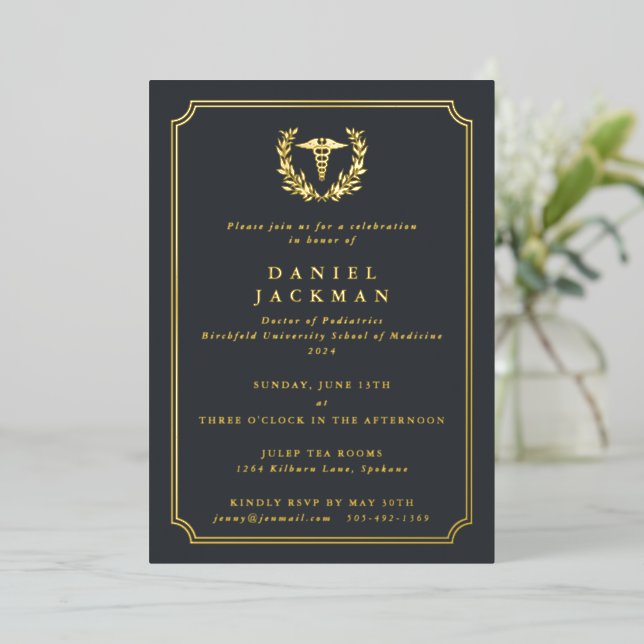 Invitation En Aluminium Grey Caduceus+Laurel Médicale School Graduation (Debout devant)