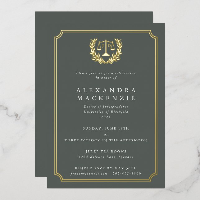 Invitation En Aluminium Grey-Green JD Law School Party Graduation (Recto/Verso)
