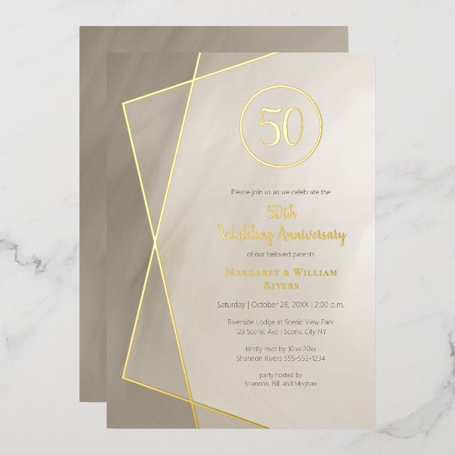Invitation En Aluminium gris antique 50e anniversaire avec or (Recto/Verso)