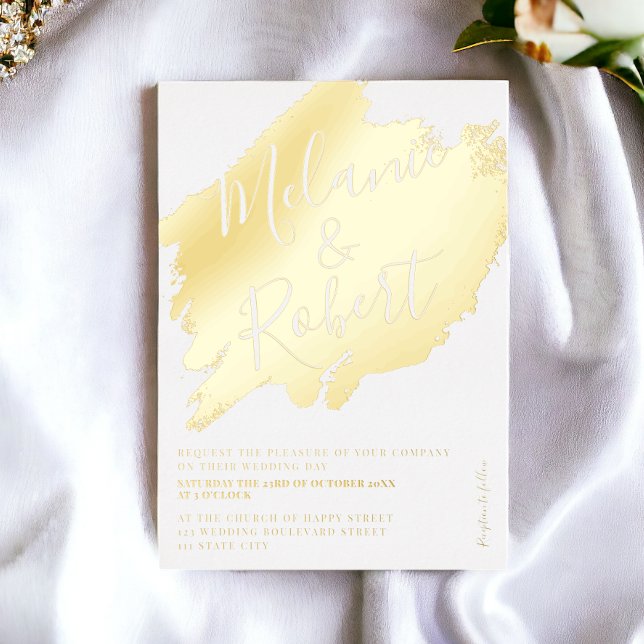 Invitation En Aluminium Gris or brosse blanc chic mariage initiales  (bold gold brushstroke white chic wedding initials foil invitation)