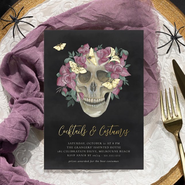 Invitation En Aluminium Halloween Costumes & Cocktails Floral Crâne (Créateur téléchargé)