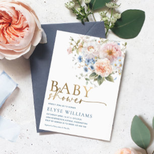 Invitation En Aluminium Hargrove Blue Floral Baby shower Gold