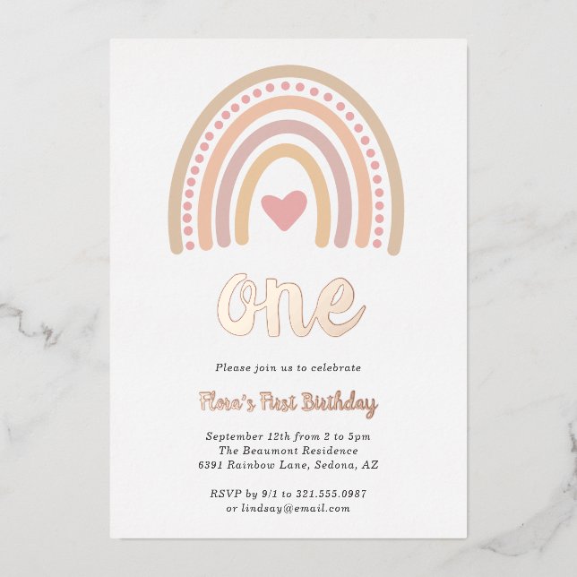 Invitation En Aluminium Heart Girl Boho Rainbow Premier anniversaire Rose  (Recto)