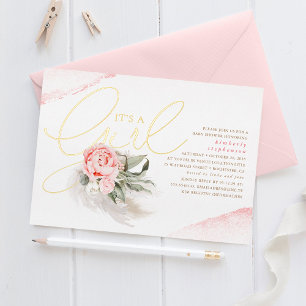 Invitation En Aluminium Herbe des Pampas Fleurs Roses Cute Baby Shower Rée
