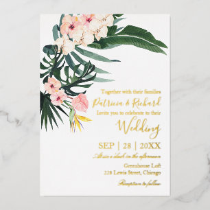Invitation En Aluminium Hibiscus Feuilles de Palmier Destination Tropicale