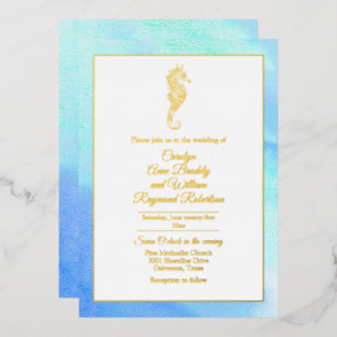 Invitation En Aluminium Hippocampe d'or avec cadre d'aquarelle